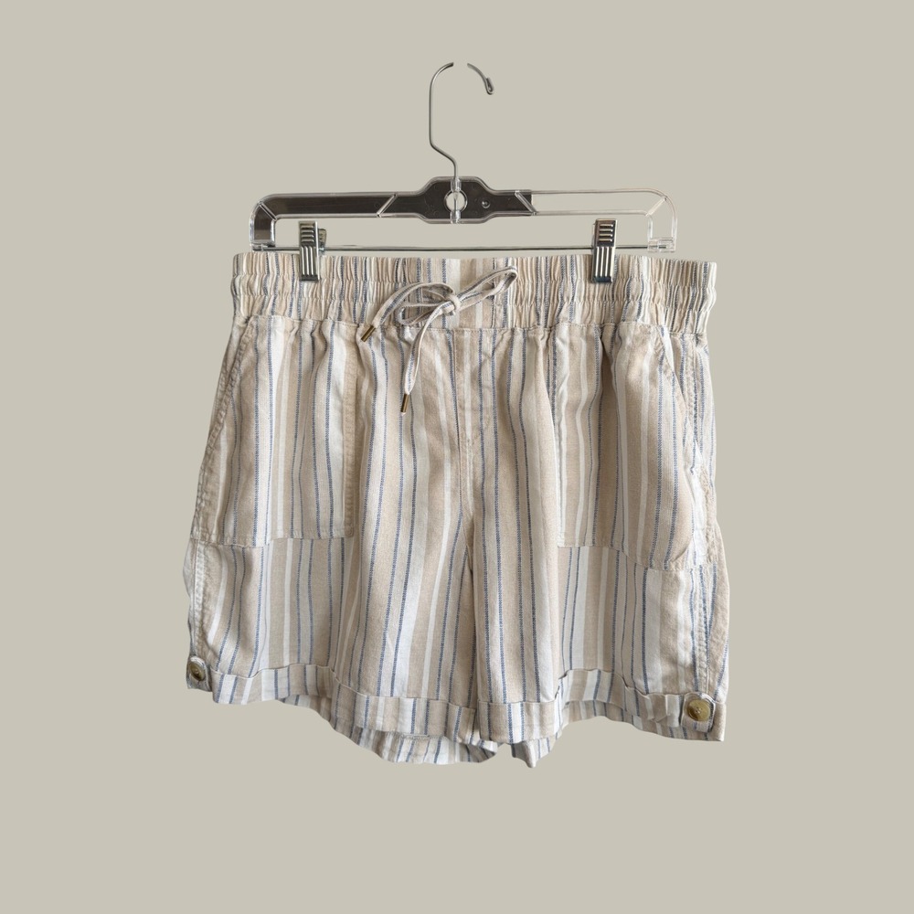Hannah Womens XL Striped Linen Blend Shorts Cream Blue Coastal Drawstring Casual